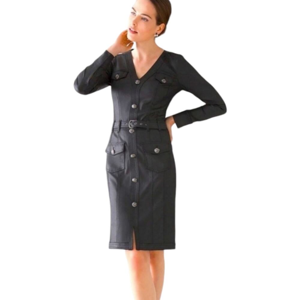 White House Black Market Black Long Sleeve Coated Denim Shirt Dress size 14 New